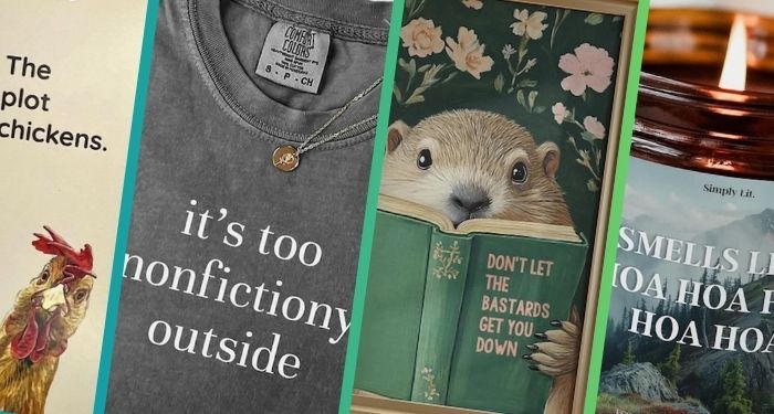 slanted collage of four images of bookish gifts: a bookmark, t-shirt, art print, and candle