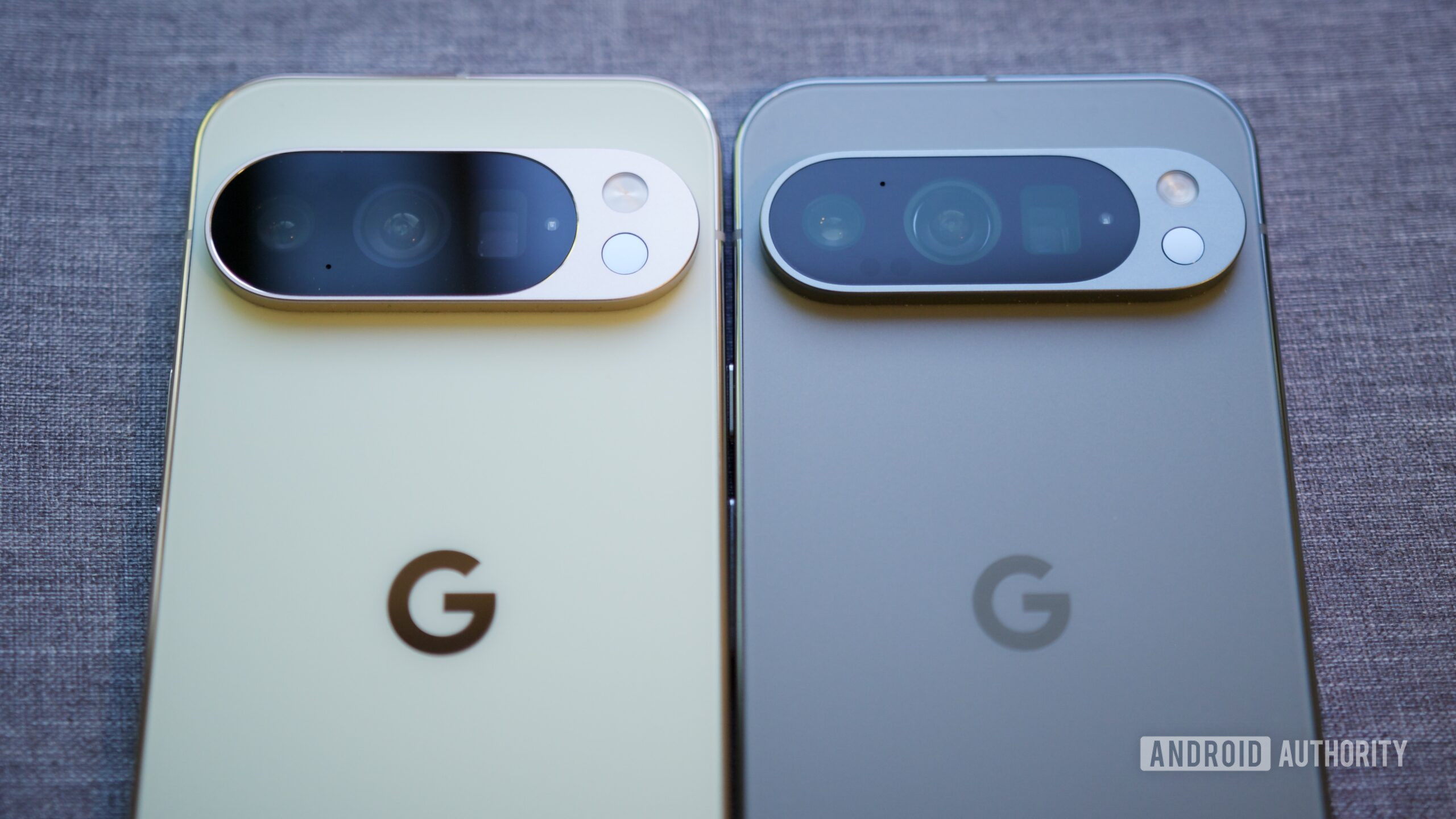 A close-up of the cameras on the Pixel 10 Pro and Pixel 9 Pro.
