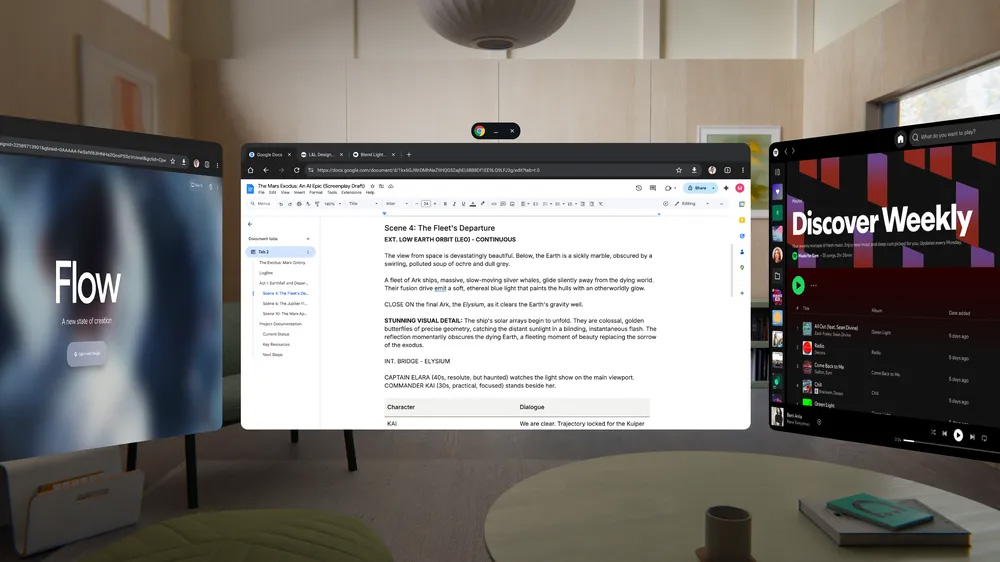 Three floating windows in an Android XR mixed reality environment with Chrome in the middle
