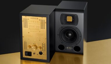 Edition X monitor pair. One shows the front of the monitor, the other shows a golden back panel.