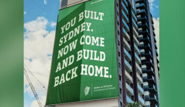 Banners calling for Irish construction workers to return home are popping up in Australia