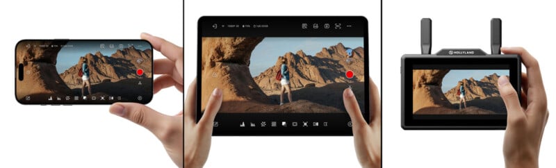 Three hands hold different devices—a smartphone, a tablet, and a monitor—all displaying the same image of a person standing among rocky desert mountains, with camera interface elements visible on each screen.
