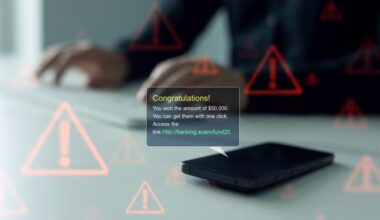 A phone displays a scam message claiming the recipient won $50,000, with warning icons superimposed and blurred hands typing in the background.