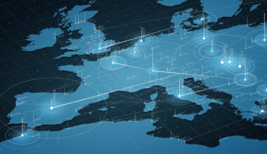 Europe blue map big data visualization. Futuristic map infographic. Information aesthetics. Visual data complexity. Complex europe data graphic visualization. Abstract data on map graph.