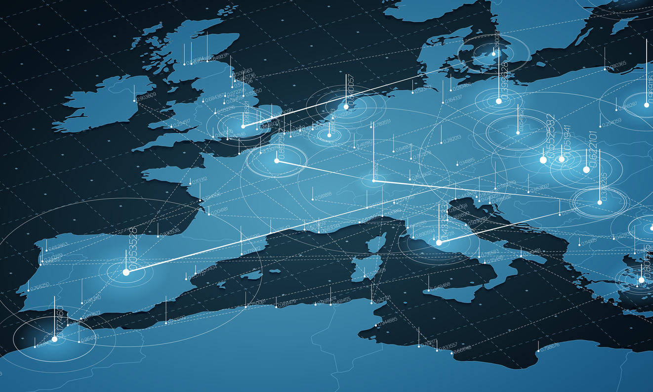 Europe blue map big data visualization. Futuristic map infographic. Information aesthetics. Visual data complexity. Complex europe data graphic visualization. Abstract data on map graph.