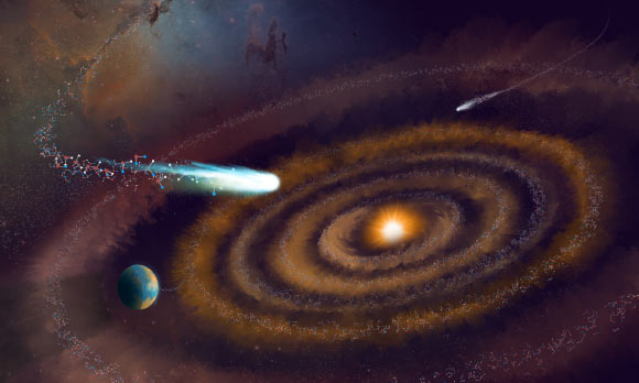 This artist’s impression shows the evolution of heavy water molecules as they have been observed in giant molecular clouds, a planet forming-disk, and comets -- before they eventually may have made their way to Earth. Image credit: NSF / AUI / NSF’s NRAO / P. Vosteen / B. Saxton.