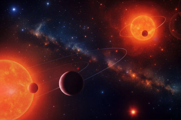 An artist’s impression of the binary stellar system TOI-2267. Image credit: Mario Sucerquia, University of Grenoble Alpes.