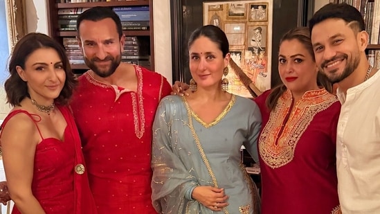 (L-R) Soha Ali Khan, Saif Ali Khan, Kareena Kapoor, Amrita Arora and Kunal Kemmu celebrated Dhanteras together. 