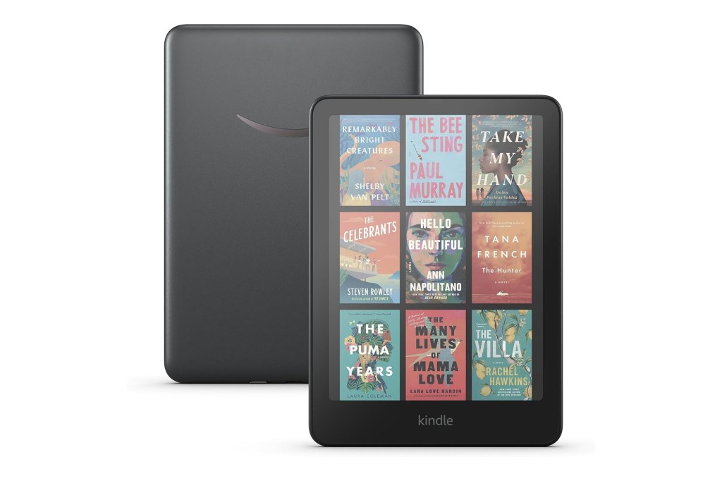 A tablet with a screen displaying different books
