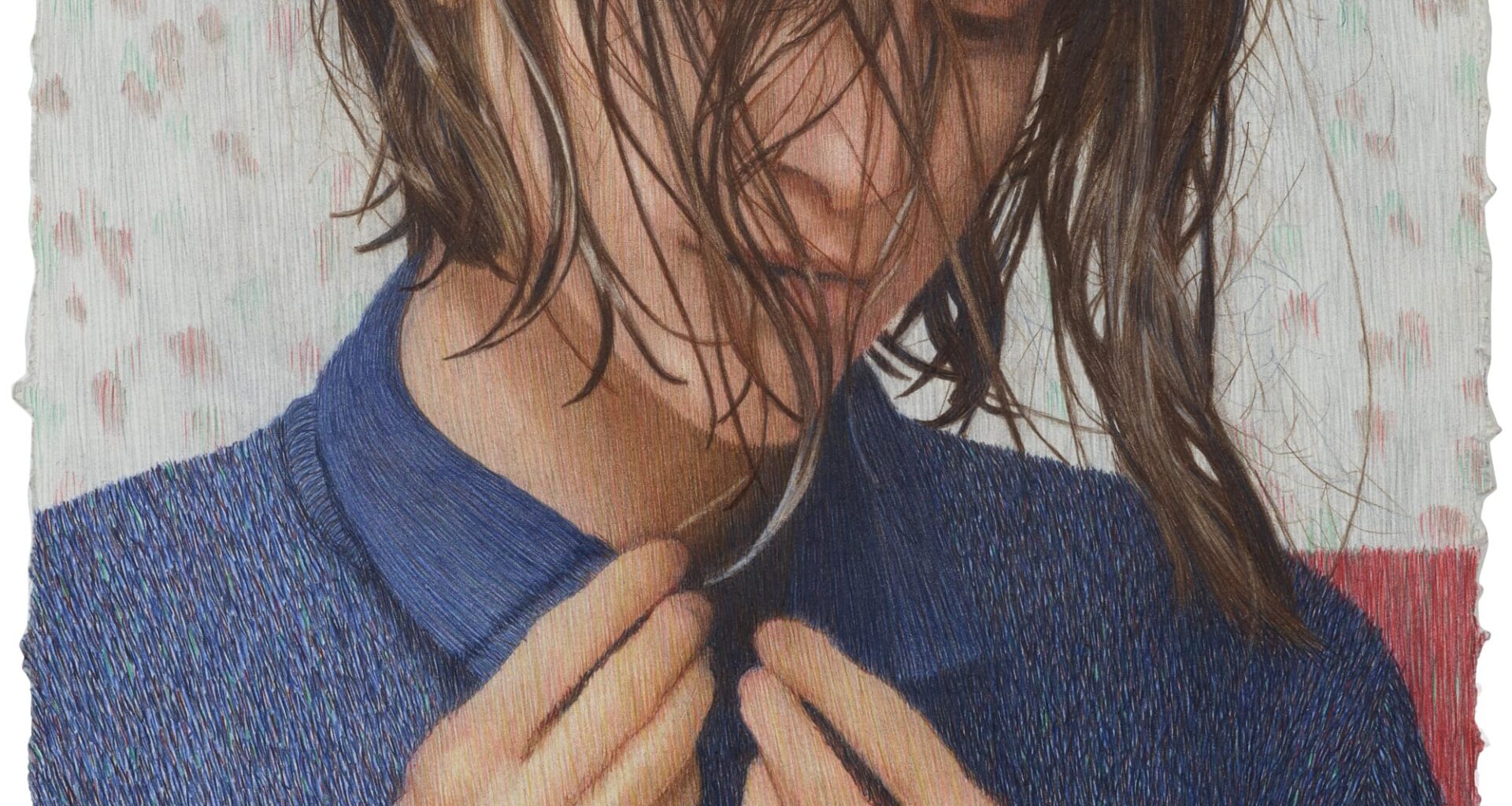 a graphite and colored pencil drawing by Tarka Kings of a woman with wet hair buttoning up the collar of a blue shirt