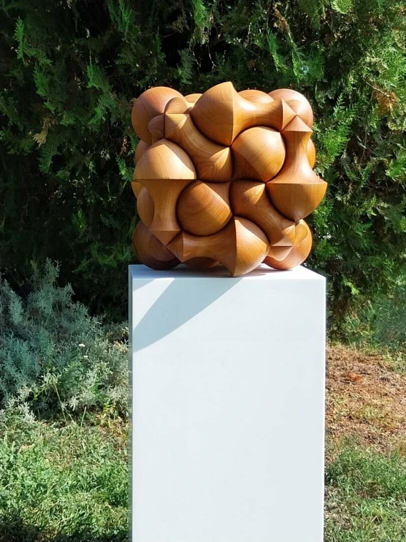 A geometric wooden sculpture composed of interlocking cone shapes sits on a white pedestal outdoors on grass, with trees in the background