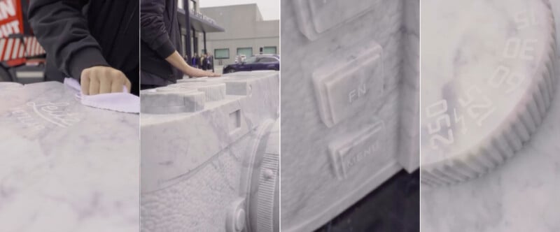 Four close-up panels show a person handling a large sculpture resembling a camera, crafted from light-colored stone. Details include textured surfaces, buttons, and engraved markings, resembling camera controls.