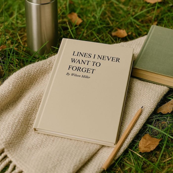 cream colored notebook with black text on the front that reads Lines I Never Wanted to Forget