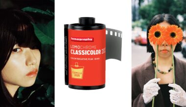 A collage with three panels: a woman’s face next to green leaves, a roll of Lomography Lomochrome film in the center, and a woman wearing white gloves holding orange flowers over her eyes.
