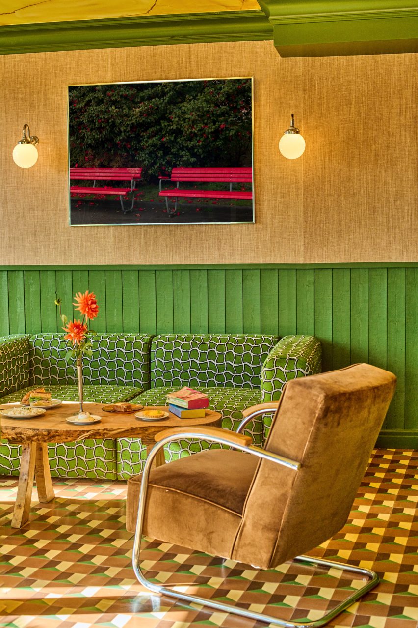 Brown chair on patterned floor