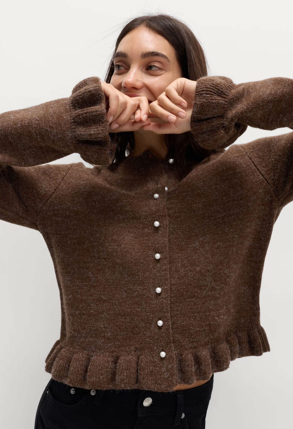 m&s frill cardigan in brown