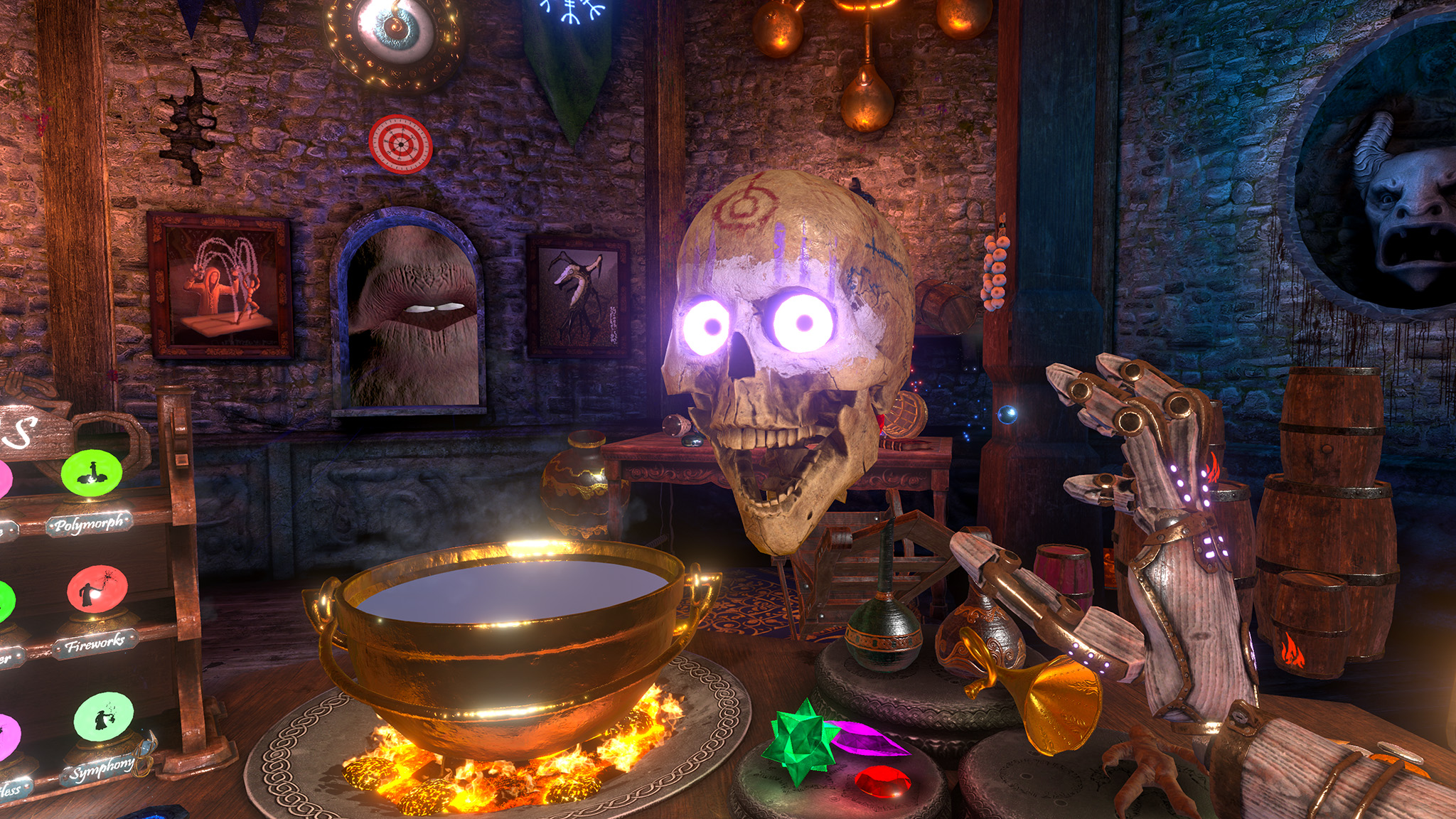 An official screenshot of Waltz of the Wizard for mobile showing Skully being held over a wizard's pot