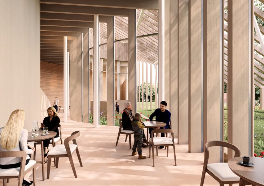 Render of people sitting in museum cafe