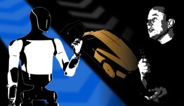 Illustration of Elon Musk, an Optimus robot and a Cybercab