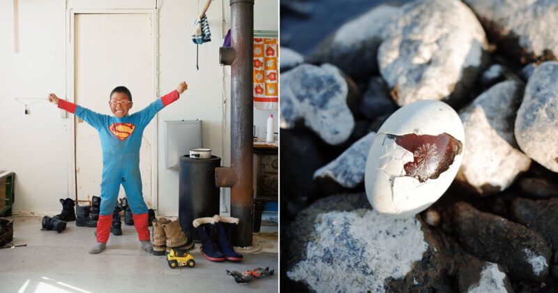 Split image: On the left, a child in a Superman costume stands indoors with arms raised, smiling. On the right, a cracked egg with a dark beak emerging lies among gray rocks.