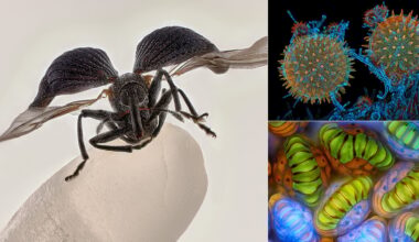 A collage with a close-up of a winged ant on a white surface (left), spiky pollen grains under a microscope (top right), and colorful magnified plant cells (bottom right), all highly detailed.