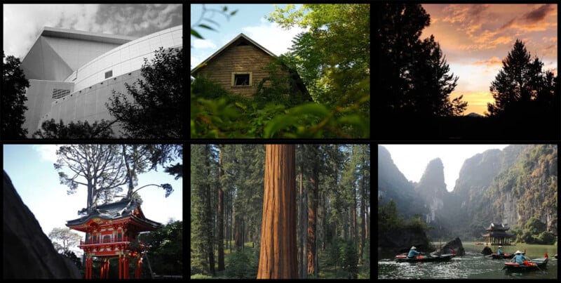 A collage of six images: modern white building, wooden house in greenery, sunset through trees, red temple, tall forest trees, and people kayaking on a river surrounded by mountains.