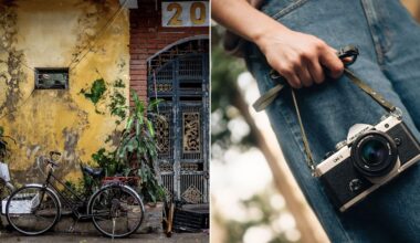 Left: An old bicycle leans against a weathered, yellow wall with peeling paint and plants nearby. Right: A person in jeans holds a vintage camera by the strap, visible from the waist down.