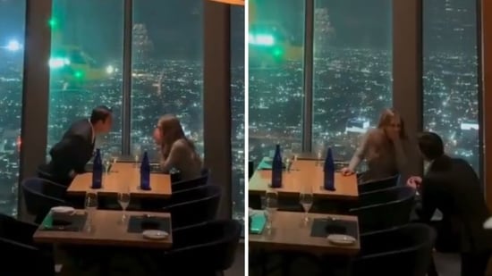 Man proposes to girlfriend with helicopter flying outside window at LA restaurant (@CollinRugg/X)