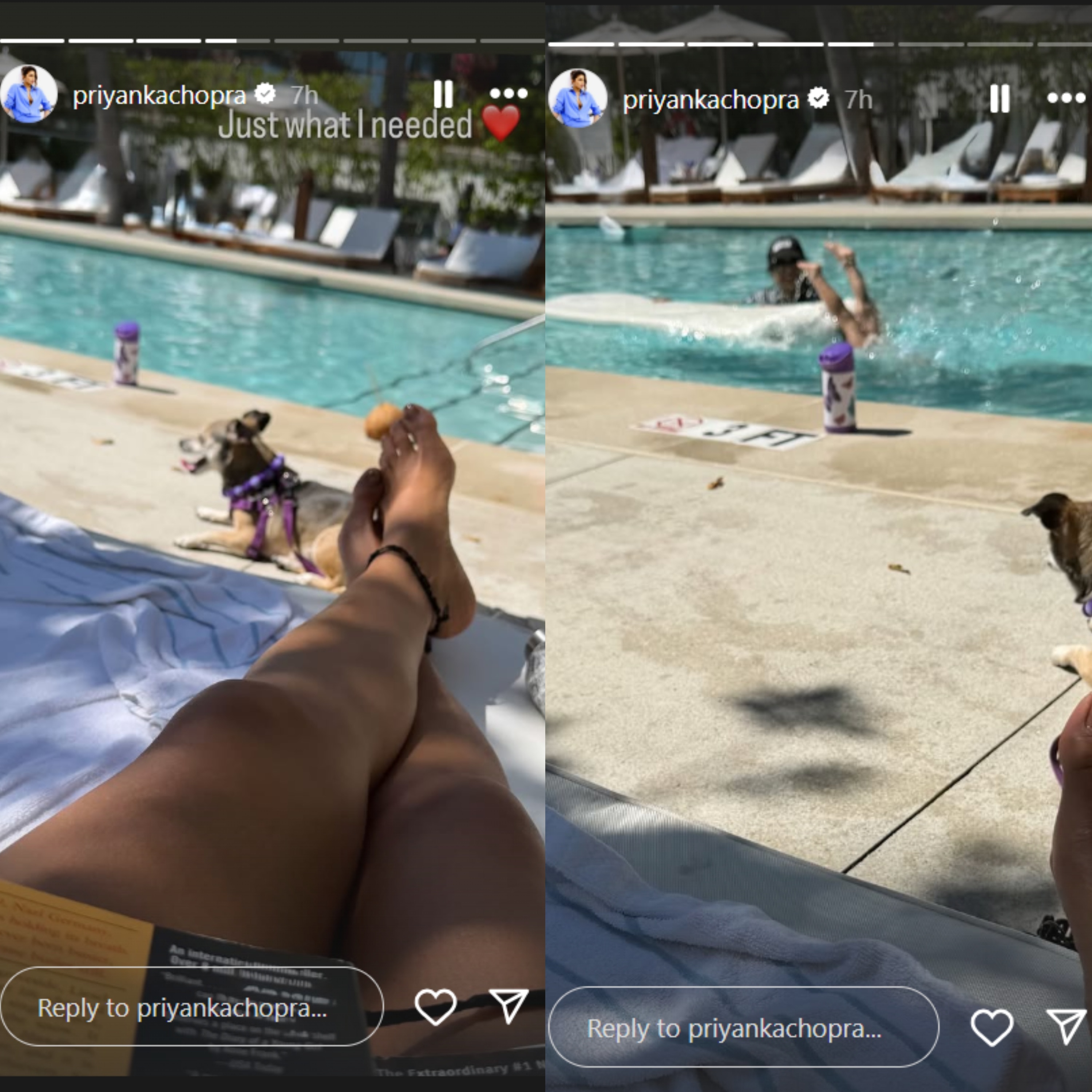 Priyanka sat by a swimming pool, reading a book and relaxing.