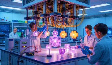 Illustration of researchers at Penn State University manipulating barium titanate to enhance quantum computing and data center efficiency.