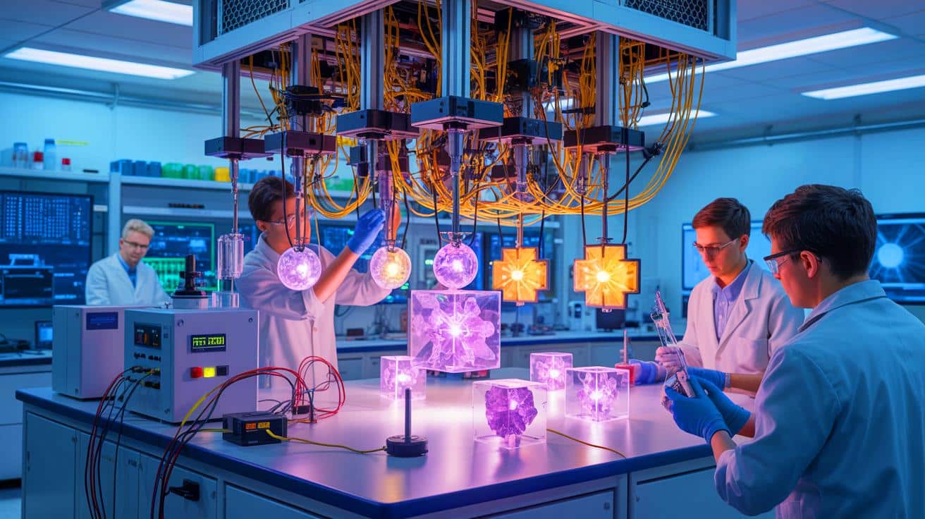 Illustration of researchers at Penn State University manipulating barium titanate to enhance quantum computing and data center efficiency.