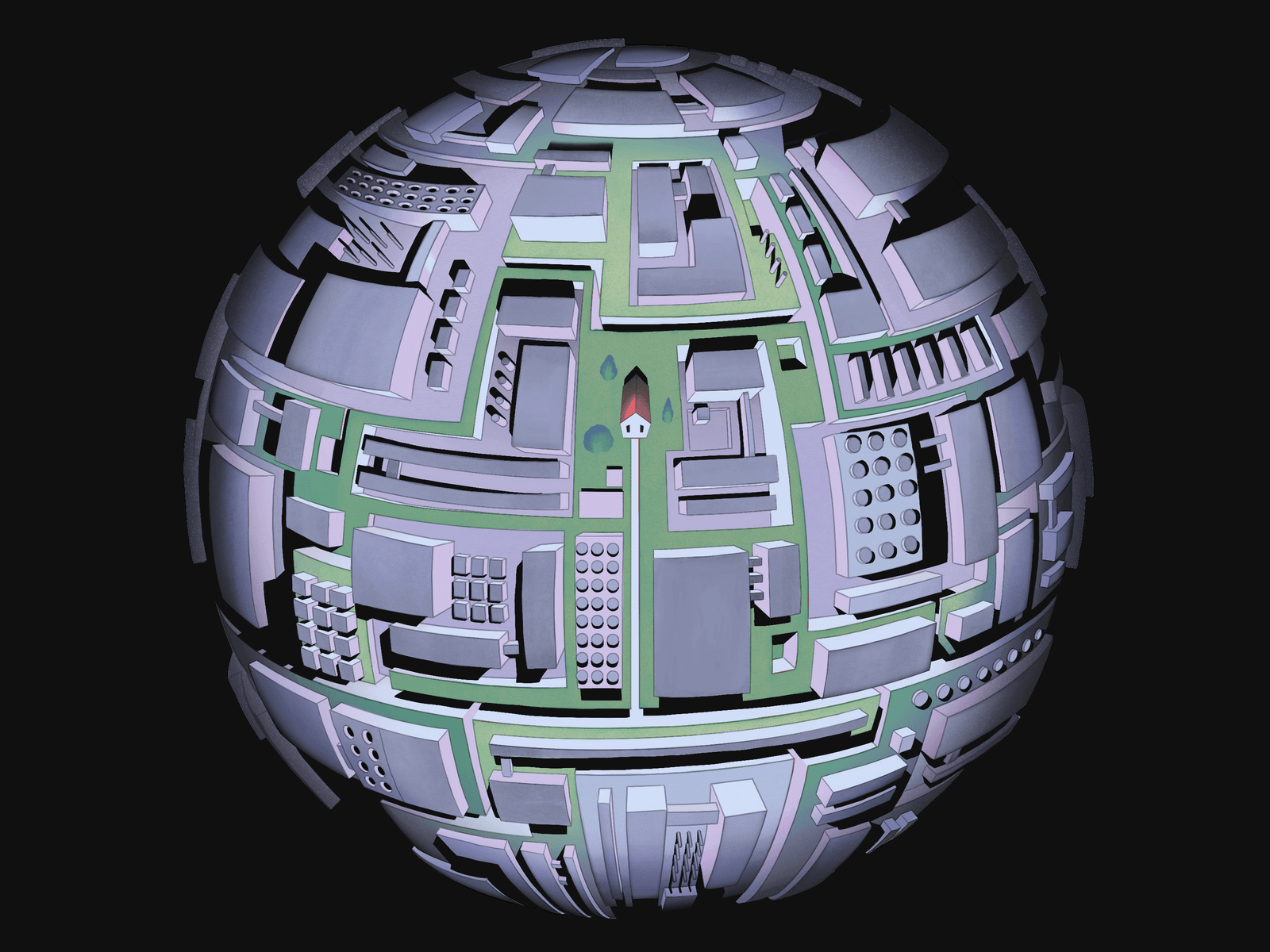 The world covered in data centers except for a small farmhouse in the center