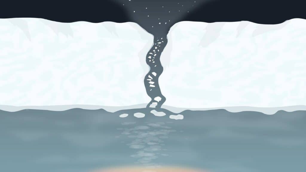 Illustration of a broken section of ice allowing water to escape on the surface Enceladus