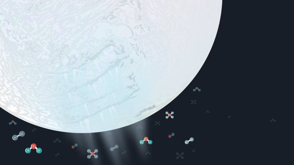 Illustration of Enceladus with molecules floating around it