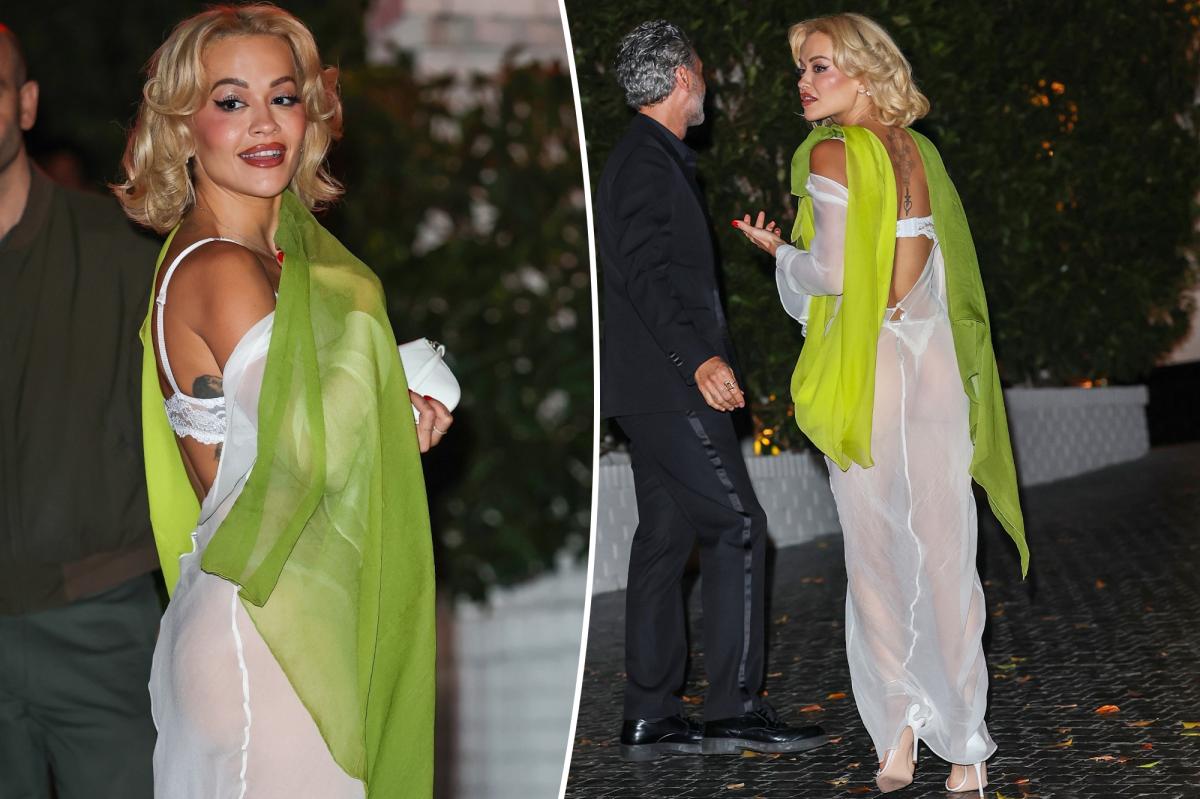 Rita Ora’s sheer white dress reveals lace lingerie underneath