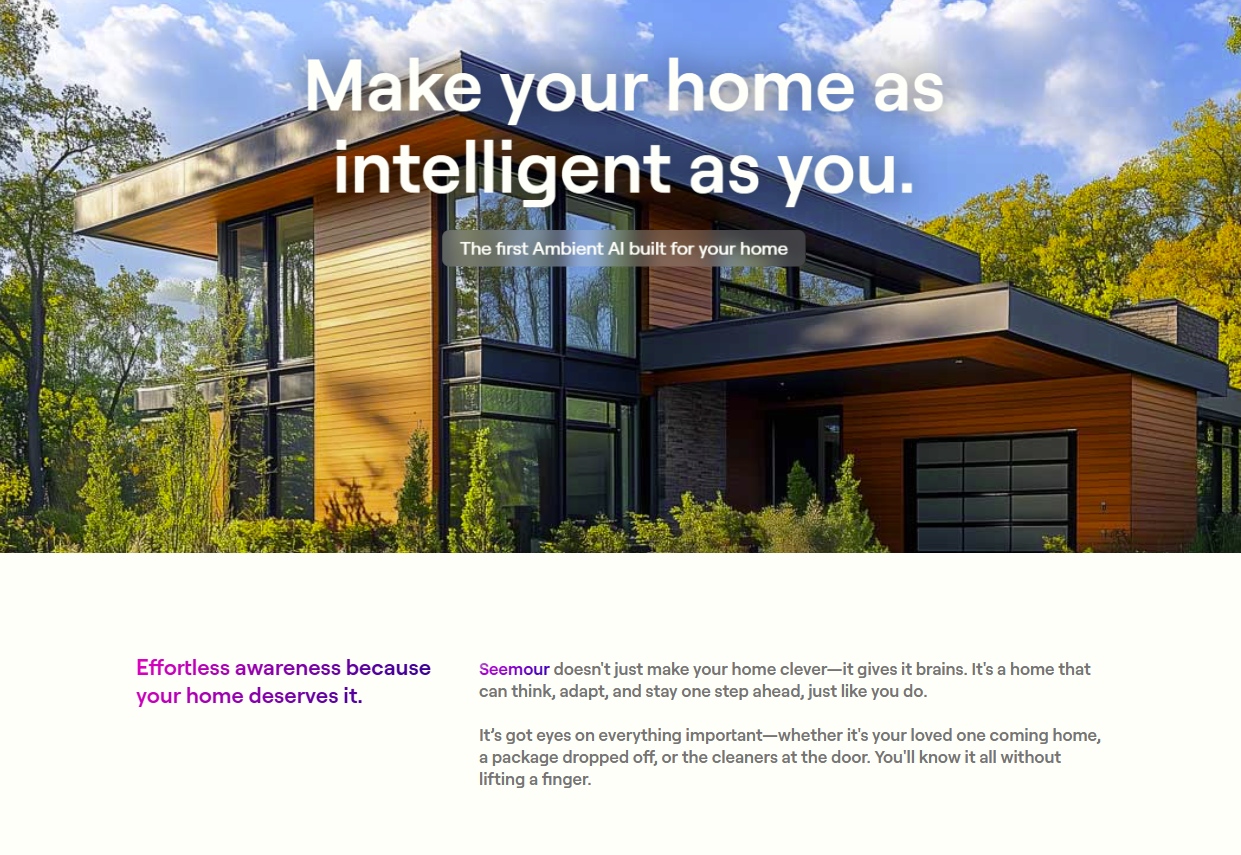 Screenshot of the seemor.ai website, with a modern-style home in the background with the words “Make your home as intelligent as you. The first Amient AI built for your home.”