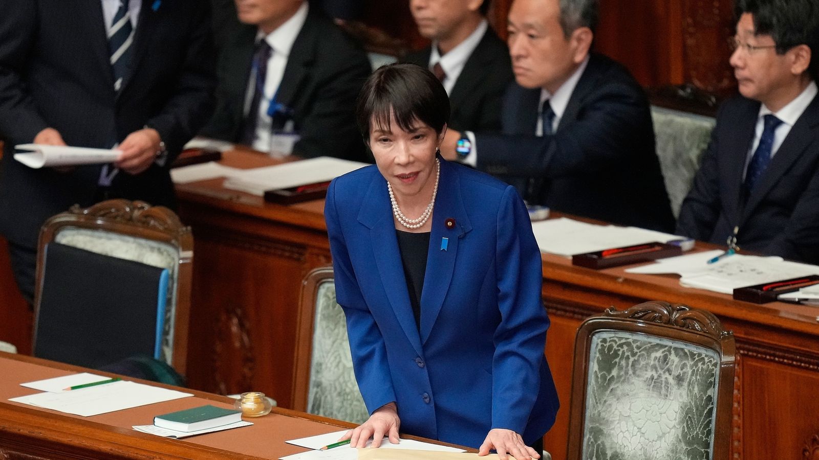 Japan's Prime Minister Sanae Takaichi bows before delivering a policy speech Pic: AP Photo/Eugene Hoshiko.