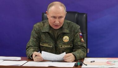 Vladimir Putin at a command meeting point with generals. Pic: Russian Presidential Press Office via AP