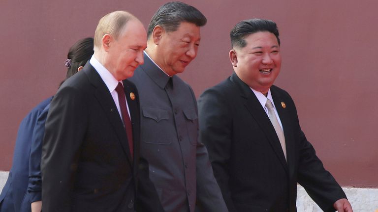Russian President Vladimir Putin, from left, Chinese President Xi Jinping and North Korean leader Kim Jong Un in September. Pic: AP