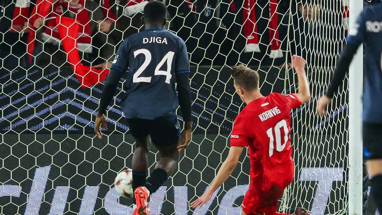 BERGEN, NORWAY - OCTOBER 23: Brann's Emil Kornvig scores to make it 1-0 during a UEFA Europa League 2025/26 League Phase MD3 match between SK Brann and Rangers at Brann Stadion, on October 23, 2025, in Bergen, Norway. (Photo by Craig Foy / SNS Group)