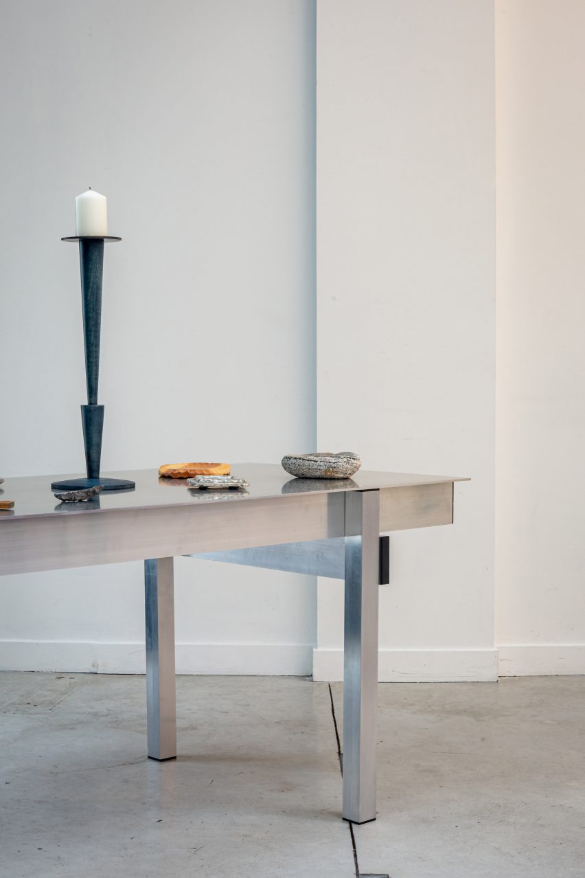 Table with trinket dishes and candle holder