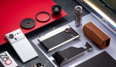 A flat lay photo of a stylish camera with accessories, including lenses, filters, a grip, a leather case, a strap, a metallic tube, and a box labeled “Z80,” all arranged on a surface with red and white paper.