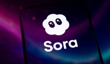 The Sora app logo appears on a smartphone screen, reflecting an abstract illustration in pink and blue.