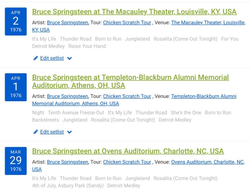 Screenshot showing three Bruce Springsteen concert listings from 1976, each with the date, venue, location, setlist link, and a partial list of songs performed at each show.