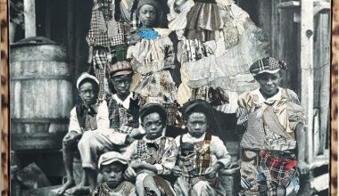 a framed portrait by Stan Squirewell, from an old photograph, of a large group or family seated on the porch a house, with colorful, patterned fabrics painted onto the image