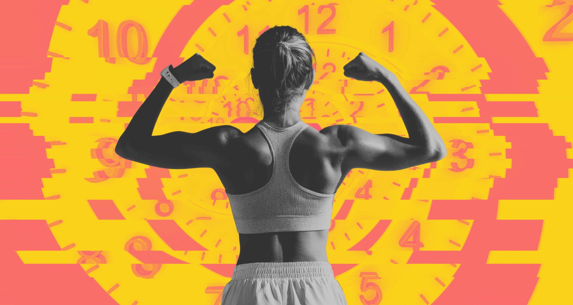 when you stop working out time clock behind woman flexing