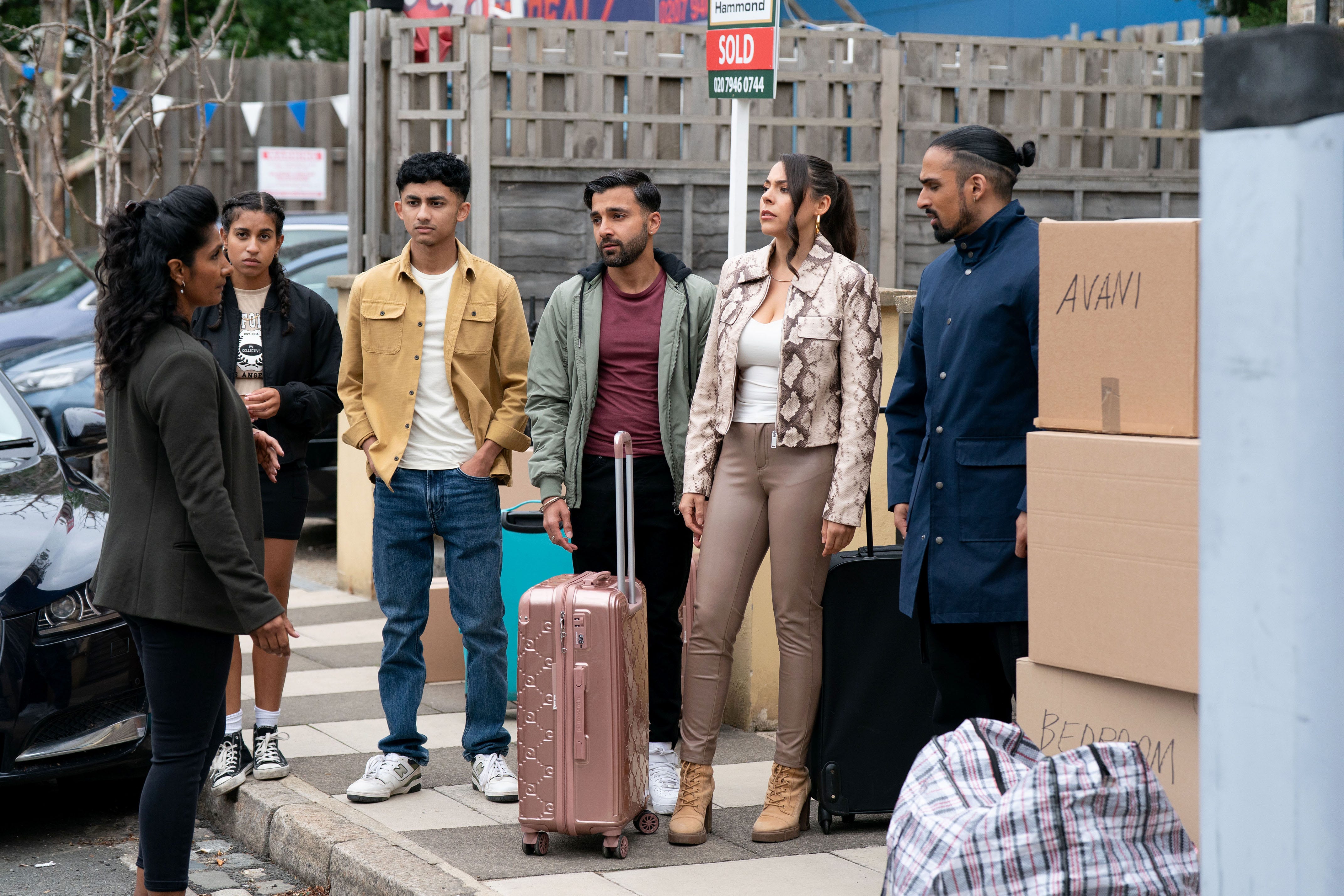 EMBARGOED UNTIL 30/09/2025 00:01 Suki Kaur Panesar, Avani Nandra Hart, Nugget, Vinny Panesar, Priya Nandra Hart, Ravi Gulari, EastEnders  suki kaur panesar, avani nandra hart, nugget, vinny panesar, priya nandra hart, ravi gulari, eastenders