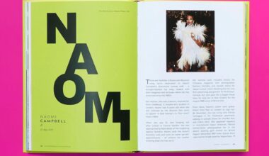 open book with graphic, bold print and a photo a naomi campbell, over paragraphs of text