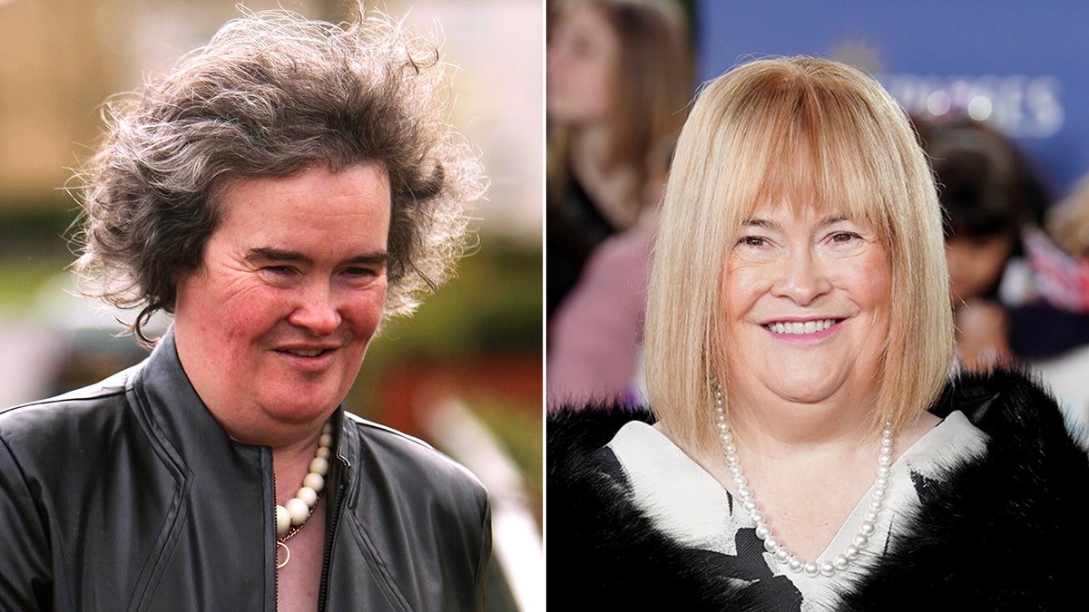 Susan Boyle in 2009 with dark curly hair and now with a blonde bob and glammed up look