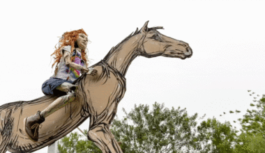 a gif of a stop motion figure riding a horse in a film by Swoon